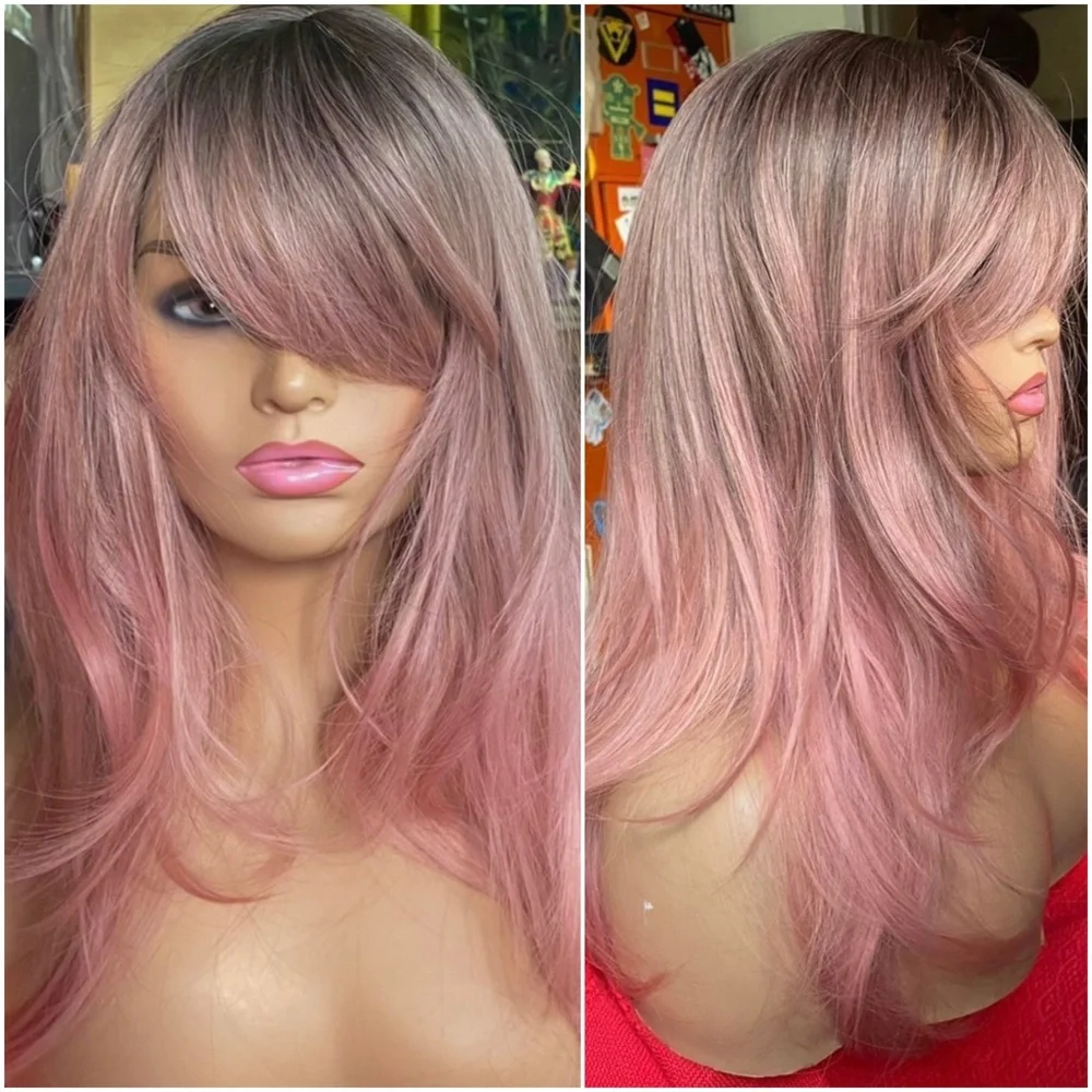 realistic ombré rooted sweet pink wig